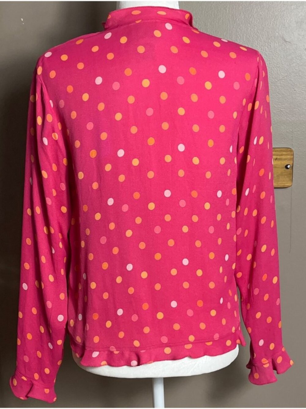 Vtg Rare April Cornell Top Pink Polka Dot Button Ties Twee Flutter Ruffles Wm XS - Picture 3 of 10